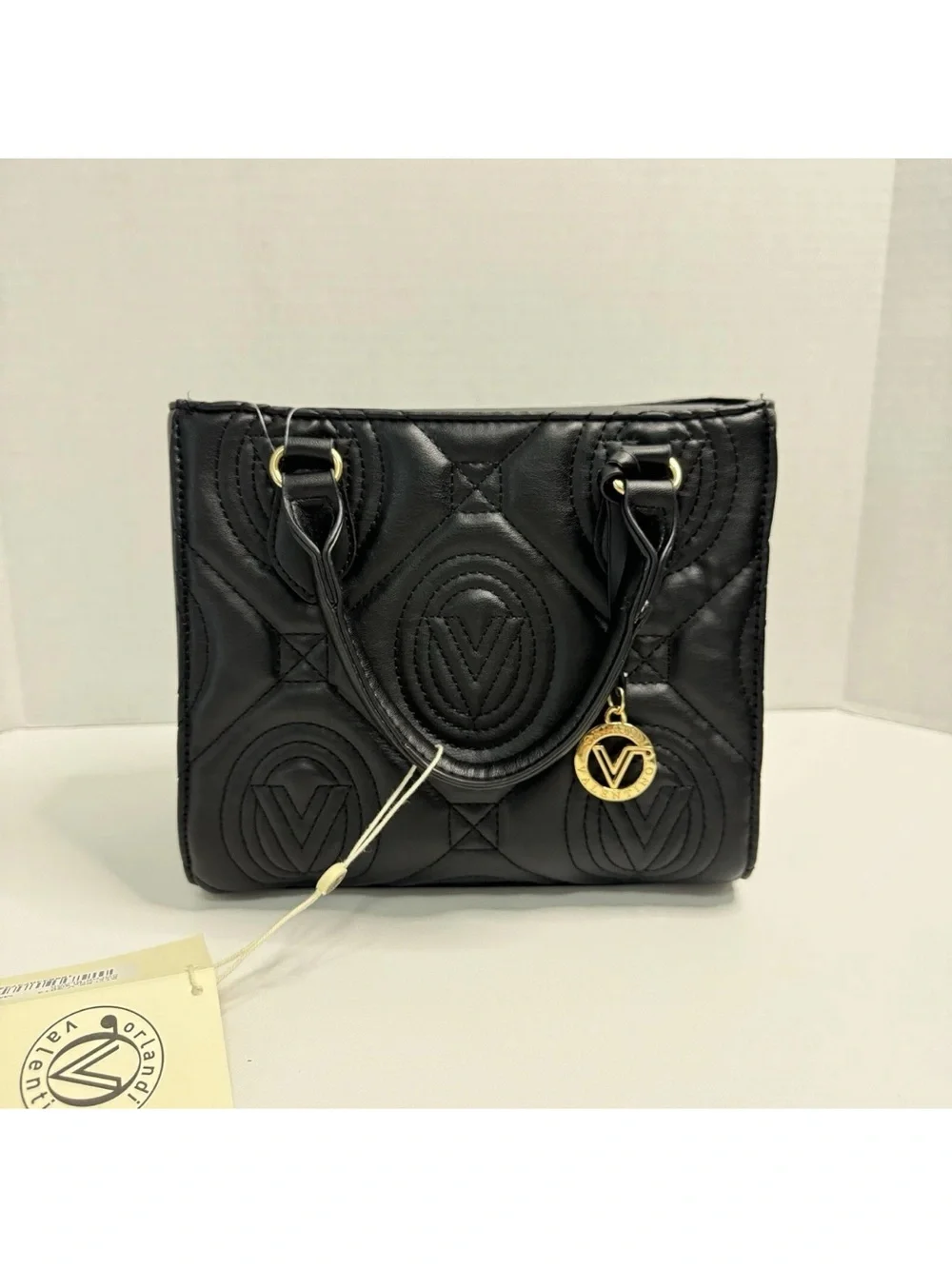 Valentino Orlandi Black Quilted Vegan Leather Satchel with Gold Logo Charm NWT